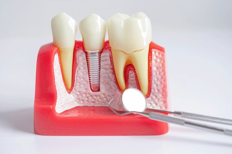 Dental implant, artificial tooth roots into jaw, root canal of dental treatment, gum disease, teeth model for dentist studying about dentistry.